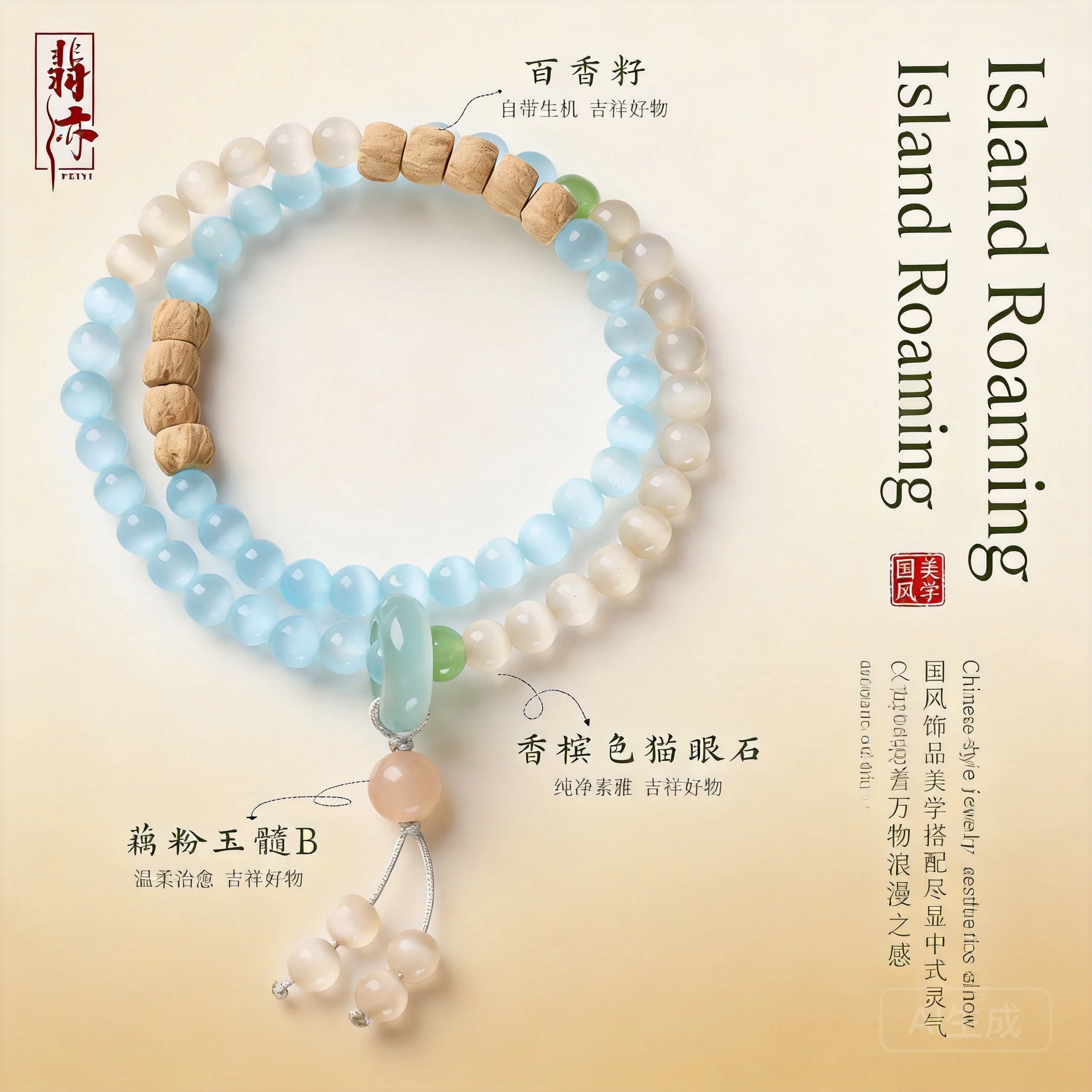 Chinese Style Good Luck 6mm Champagne Cat Eye Stone Double Layer Bracelet For Women Blessing Fortune Cypress Seed Beaded Spiritu