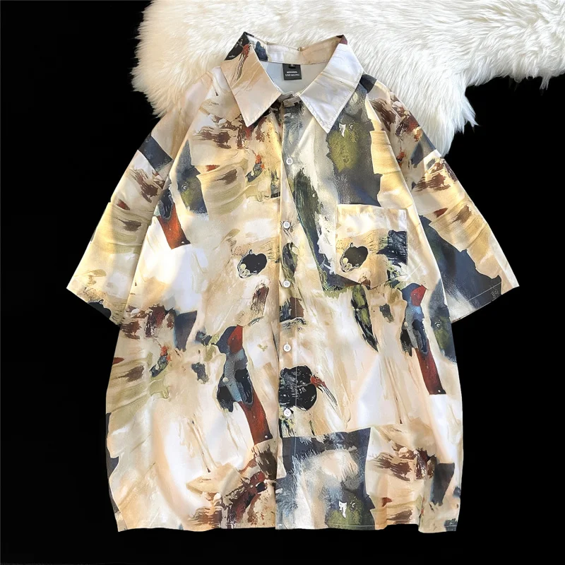 2024 Abstract oil painting full print short sleeved floral shirt loose vintage men and women\'s summer thin style trend camisa