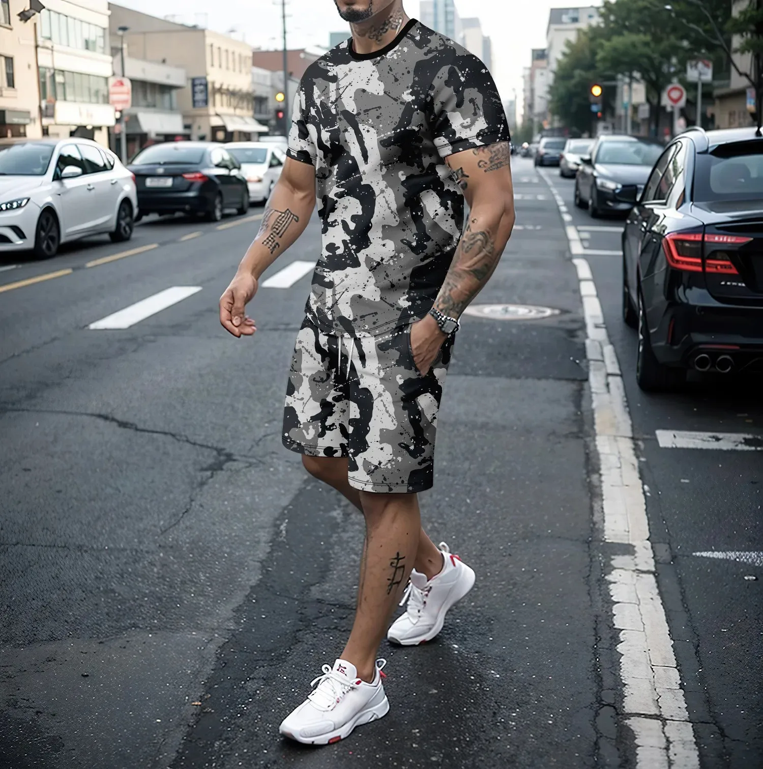 2024 New summer men\'s two-piece 3D short sleeved shorts set men\'s running casual camouflage outdoor travel set men\'s clothing