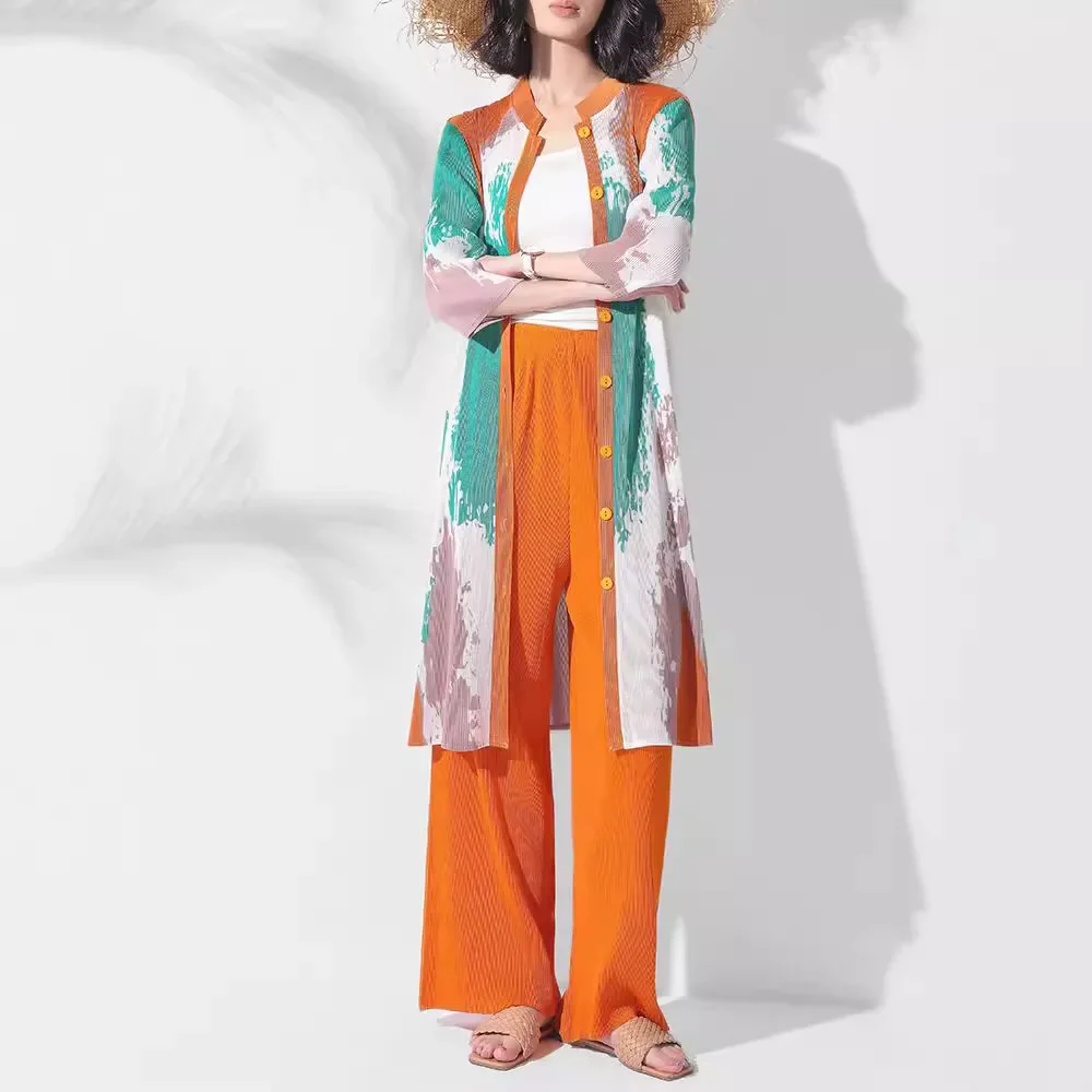 Miyake Pleated Printed Long Coat Trousers Two-piece Set Niche Design Stand-up Collar Buttoned Top Wide-leg Pants Two-piece Set