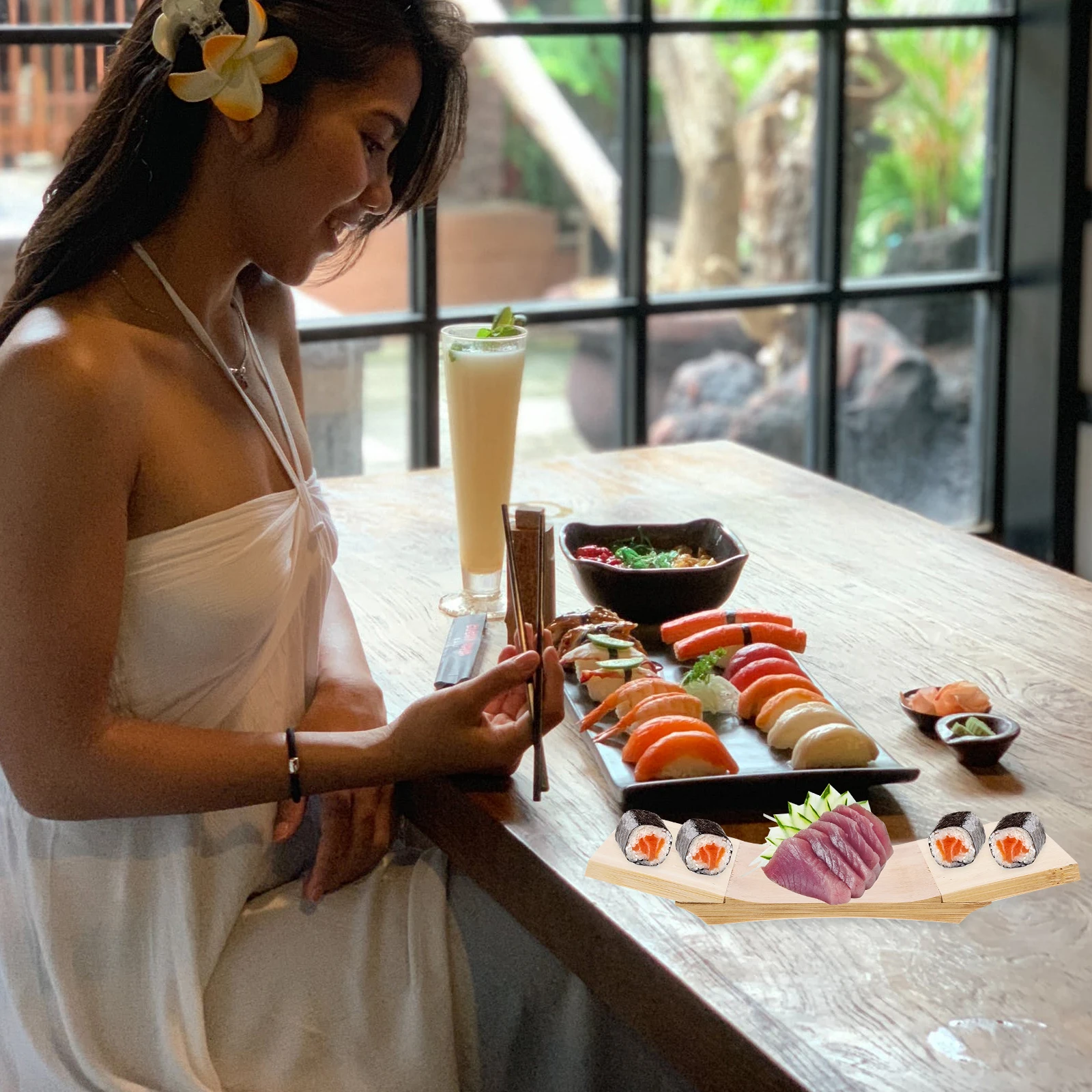 

Rectangular Curved Sushi Plates Wood Tray Series Japanese Food Plate Sashimi Serving Long Practical Decorative Bowls