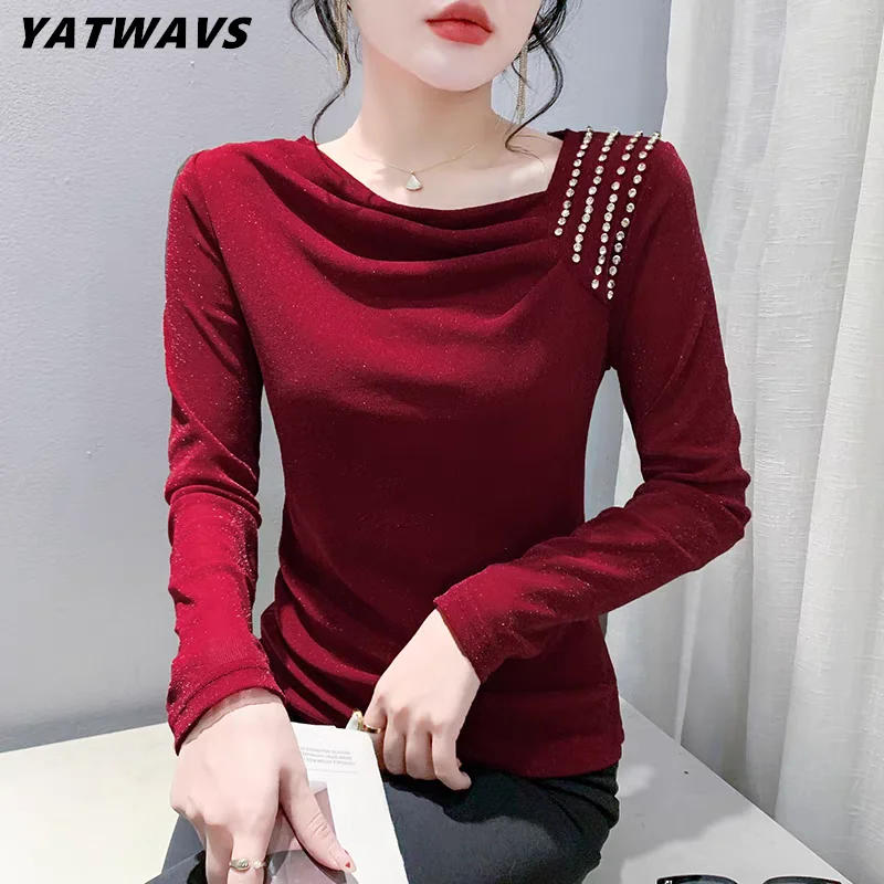 New 2025 European Clothes Autumn Women T-Shirt Chic Sexy Slanted Collar Shiny Diamonds Tops Long Sleeve Elastic Mesh Slim Tees