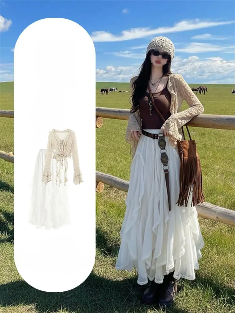 Bohemian Style Tourist Dress Women's Summer Beautiful  Skirt Set Grassland Scenery High Waist A-Line Skirt Casual Wear