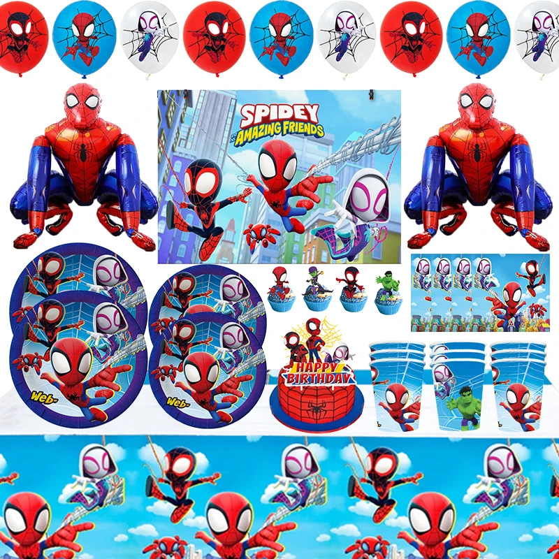 Spidey And His Amazing Friends Birthday Decorations Balloons Tableware Paper Cups Plates Baby Kids Favor Party Supplies Decor