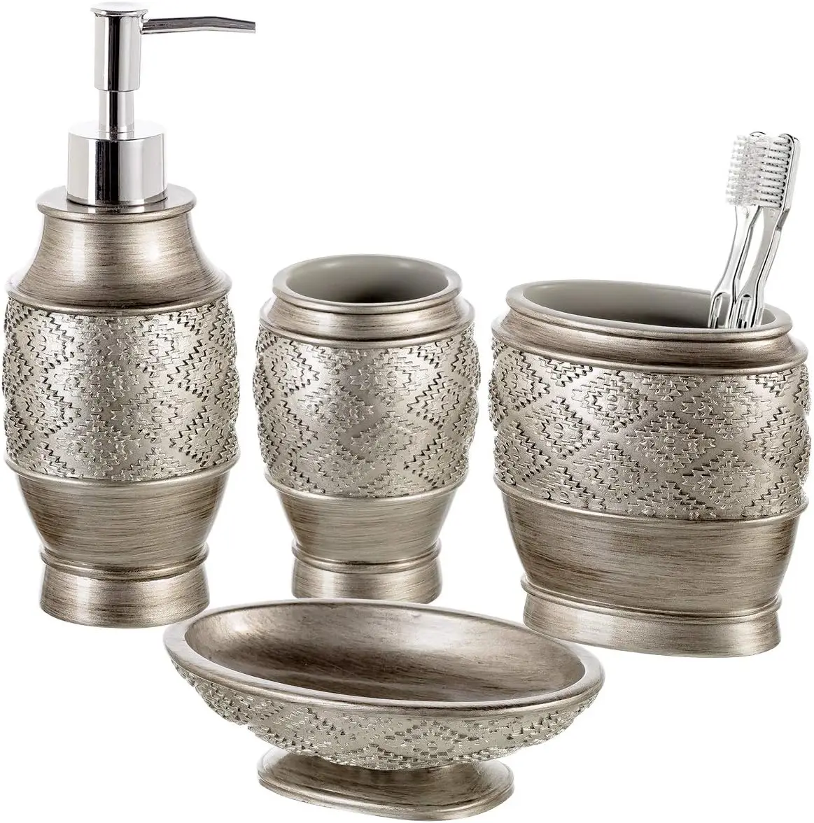 

Dublin Silver Bathroom Accessory Set - Brushed Silver Bathroom Sets Accessories - 4 Piece Bathroom Set Includes: