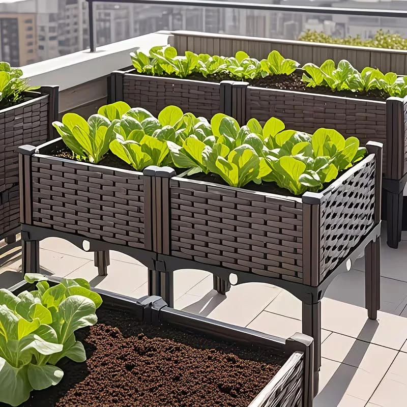 Elevated Raised Garden Bed with Legs Rattan Effect Plastic Planter Box with Drainage for Growing Vegetables Tomatoes Flowers Herbs Indoor Outdoor Patio view 3