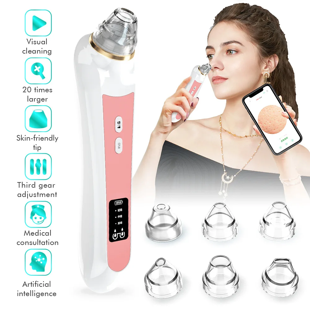 Electric Visual Blackhead Remover Vacuum Pore Cleaner Face Acne Pimple Extractions Tool with Camera 6 Suction Heads Skin Care