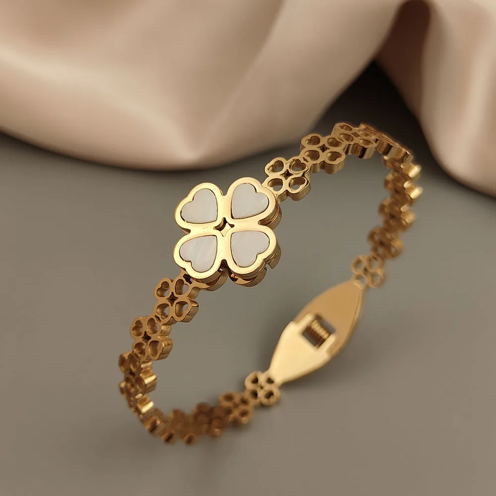 

New four leaf clover white shell stainless steel gold plated bracelet, high quality waterproof silver bracelet, wedding jewelry