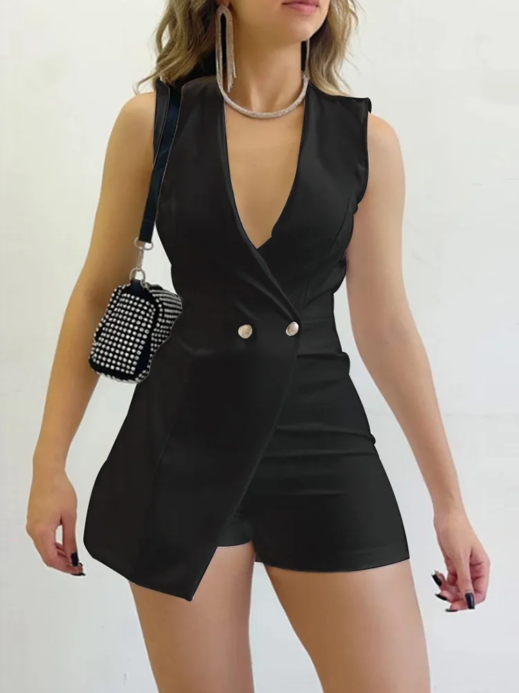 

Women Sexy Deep V Neck Solid Playsuits Elegant Buttons High Waist Shorts Jumpsuits 2024 Summer Ladies Sleeveless Casual Rompers