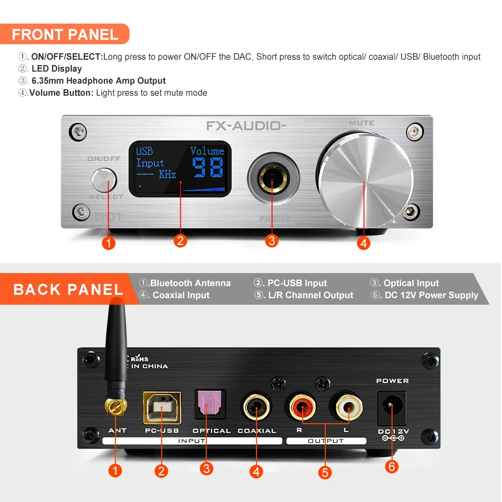 Fx-audio D01 dekoder DAC Bluetooth 5.0 USB ES9038Q2M wzmacniacz słuchawkowy 32Bit 768kHz DSD512 XU208 wzmacniacze wyjście liniowe Audio DAC