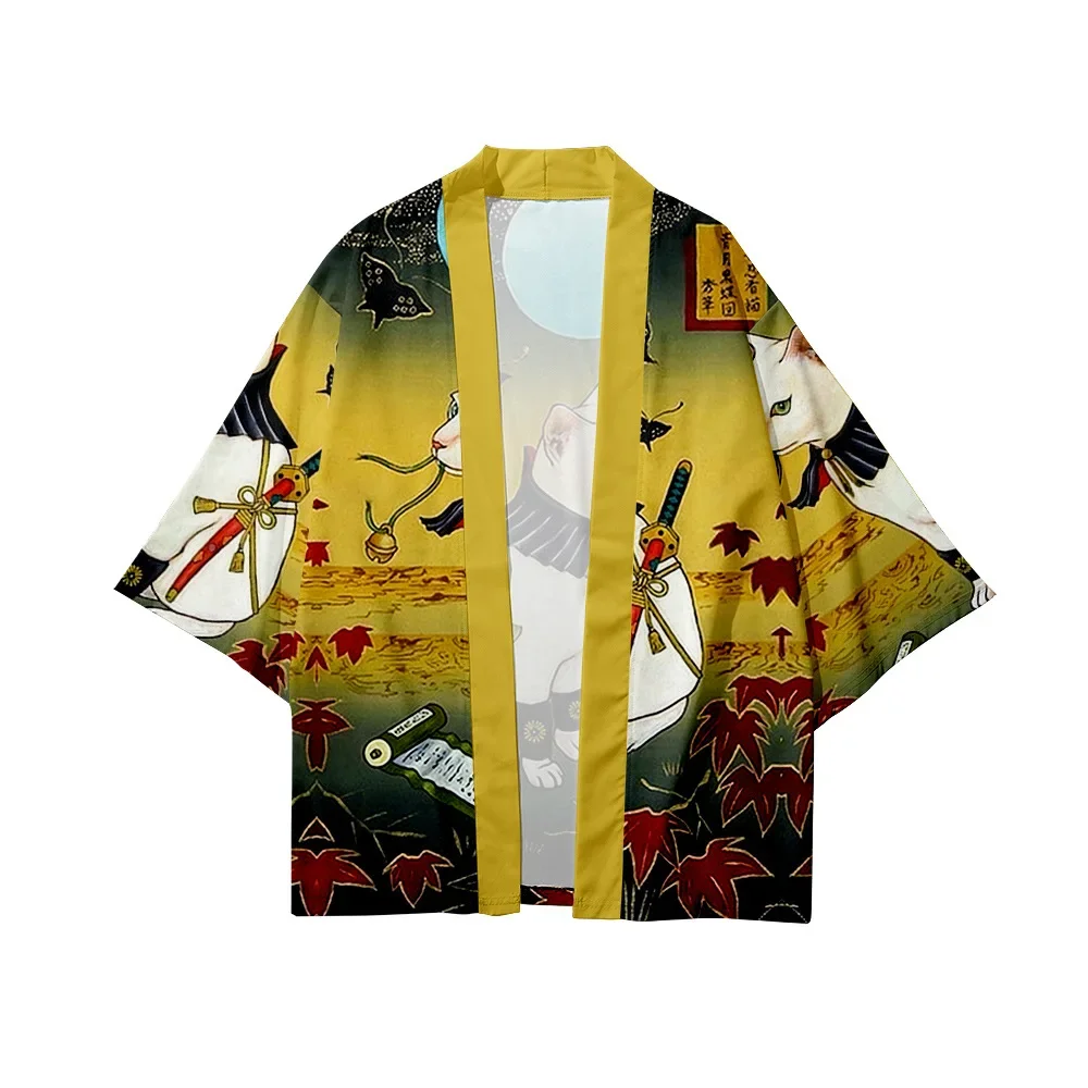 Streetwear Cardigan Demon Samurai Cat Print Shirt Clothing Traditional Haori Kimono Women Men Harajuku Japanese Beach Yukata Top