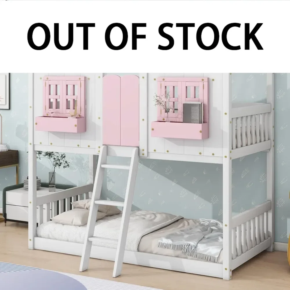 Wood Bunk Beds for Kids with Roof, Windows,Window Box and Small Door, Floor Bunk Beds with Ladder and Guard Rails for Girls Boys