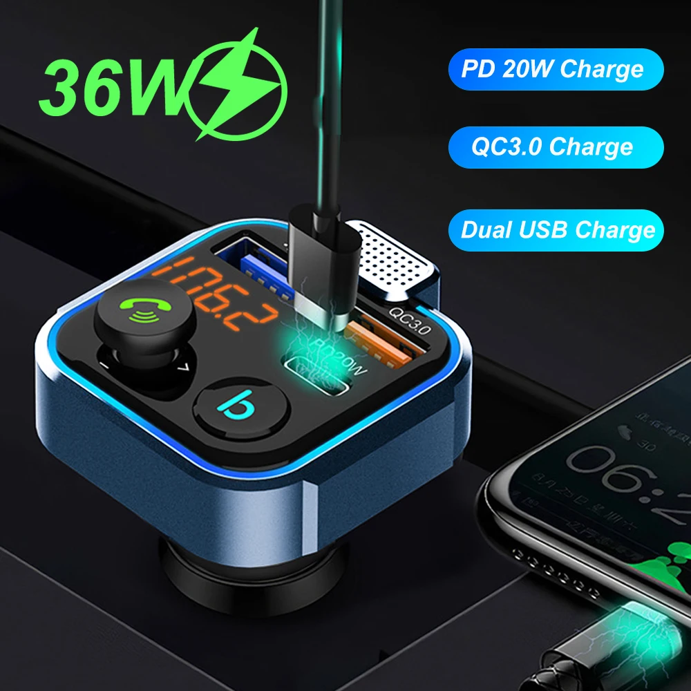 Bluetooth 5.0 Car FM Transmitter Handsfree Radio Handsfree MP3 Player Car Kit 20W PD QC3.0 Quick Charge Dual USB Charger Adapter