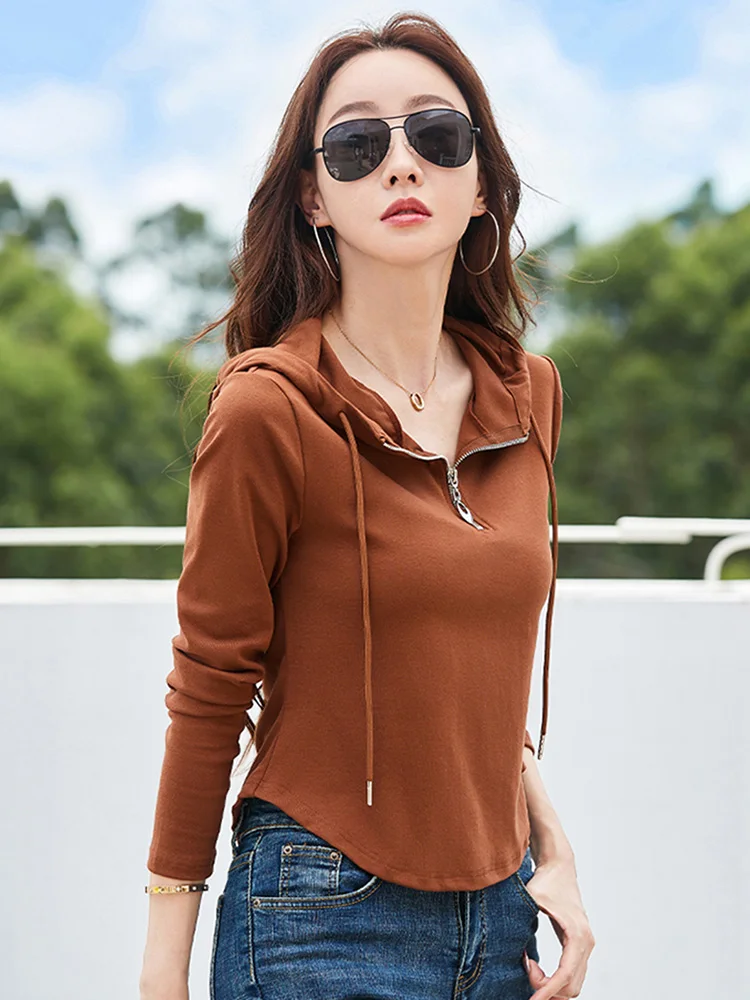 New Women Spring Autumn Hooded Pullovers Fashion Solid Color Long Sleeve Cotton Short Hoodies Simplicity Casual T-shirt