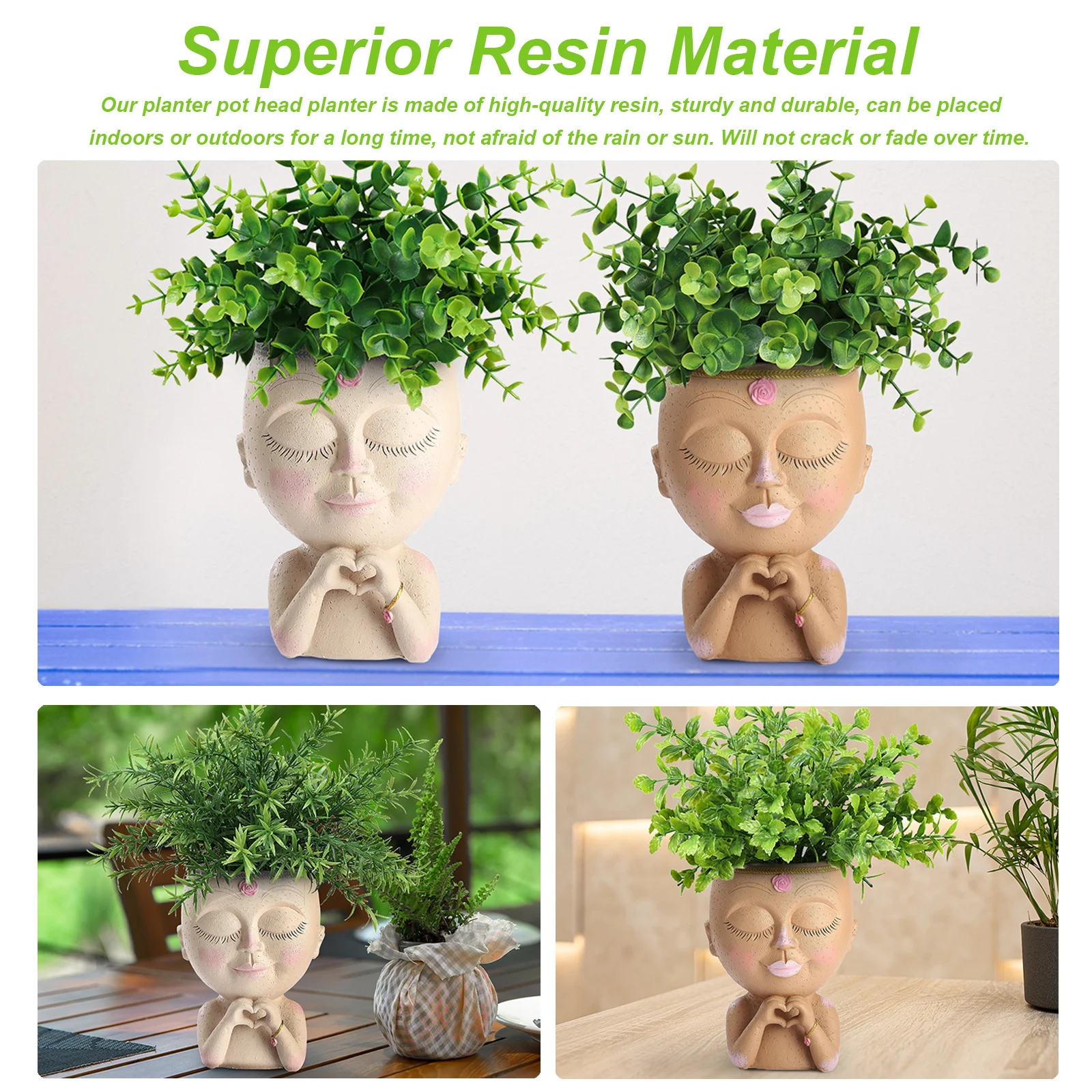 Face Head Planter Succulent Plant Flower Pot Resin Container With Drain Holes Flowerpot Figure Garden Decor Tabletop Ornament