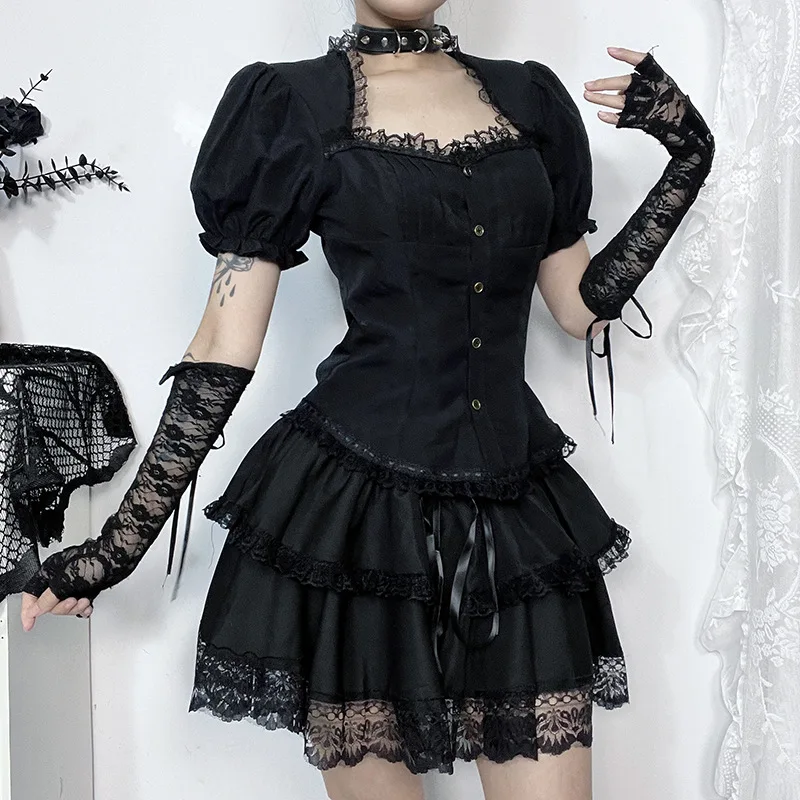 2024 New Arrival Lolita Style Vintage Black Double-layered Shirt for Women Summer