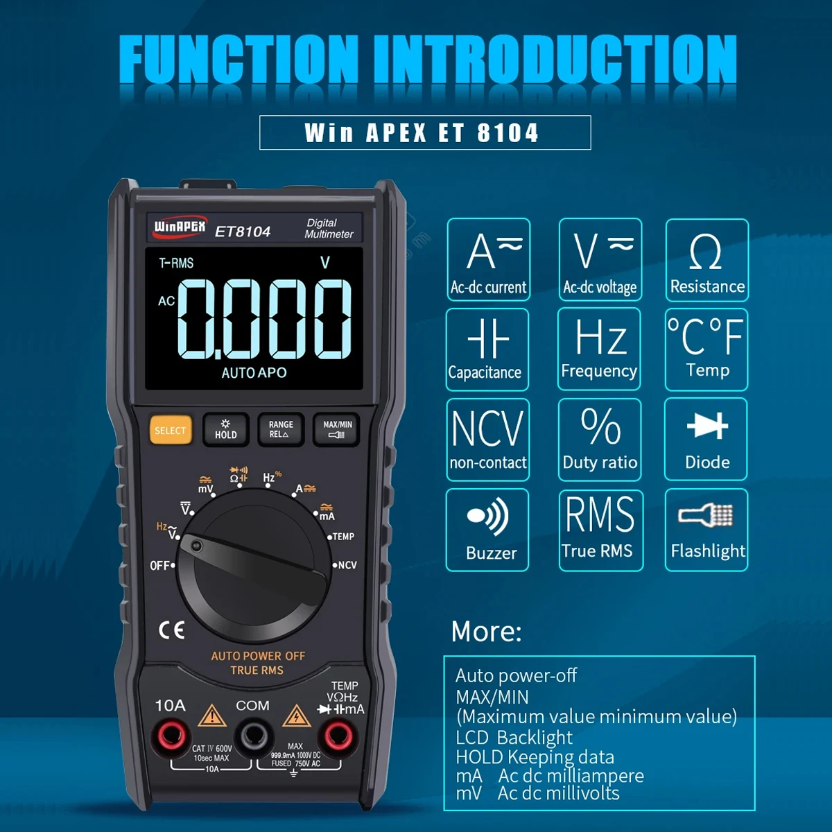 WINAPEX ET8104 Digital Handheld Multimeter Auto-Range Multifunction Tester NCV AC/DC Voltage Current Resistance Temperature Tool