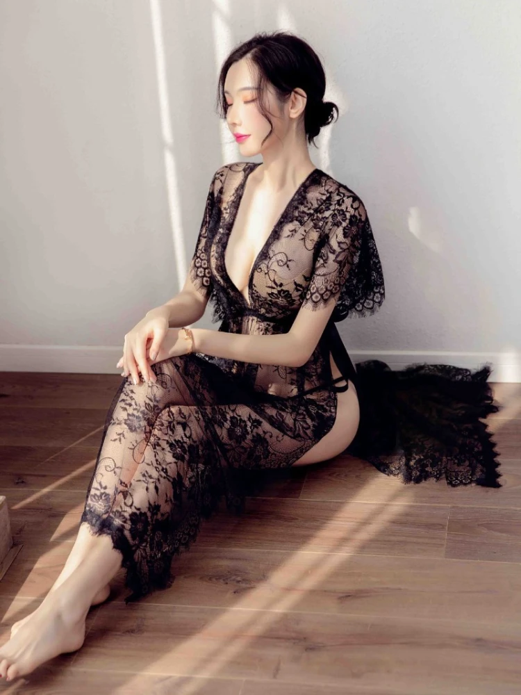 Woman Night Dress Sexy Sleepwear Long-line  Black Lace Dresses Clothes Nightgown with Ruffles Pajamas for Women Nightgowns