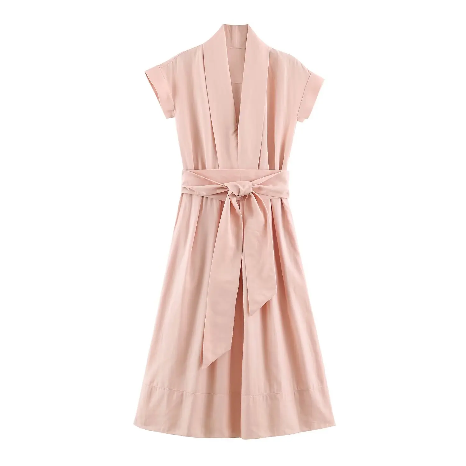 BSAY 2026 Damen V-Ausschnitt Kurzarm Midikleid mit Selbstbindegürtel, Hemdstil A-Linie Einfarbig Elegantes Sommer Casual Langes Kleid – Detail 5