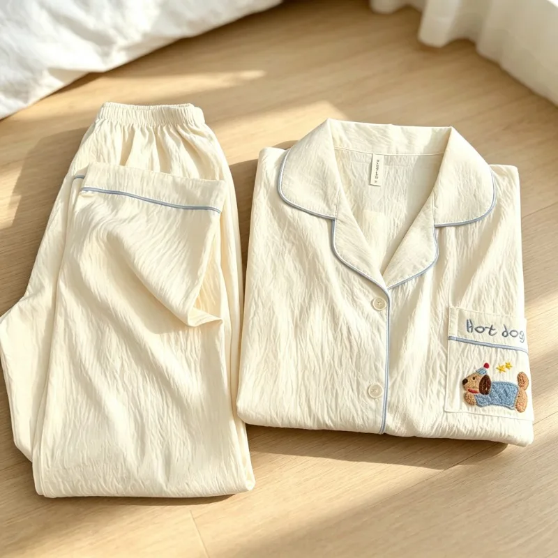2Pcs Sleepwear Sweet Women Autumn Lapel Neck Long Sleeve Long Pants Cute Sweet Women‘s Pajamas Set Ladies Homewear Loungewear image 4