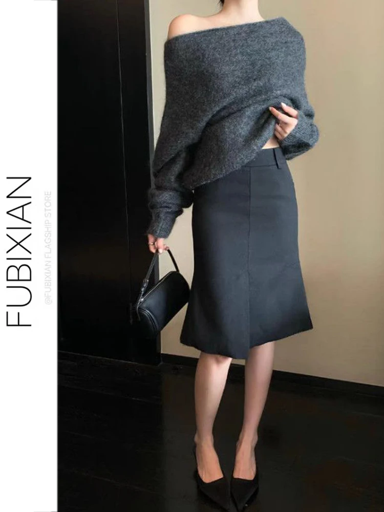 

Американская ретро-юбка из шерсти для женщин, осенне-зимняя новинка, универсальная повседневная черная юбка-карандаш с высокой талией