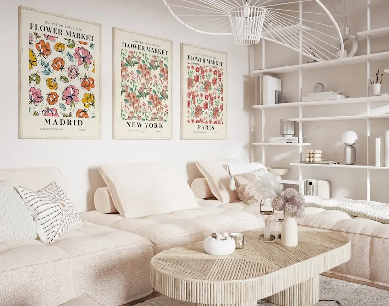 3 قطعة/المجموعة البوهيمي زهرة السوق قماش يطبع منتصف القرن الحد الأدنى خطوط النباتات الخضراء الفن الملصقات لغرفة المعيشة ديكور المنزل