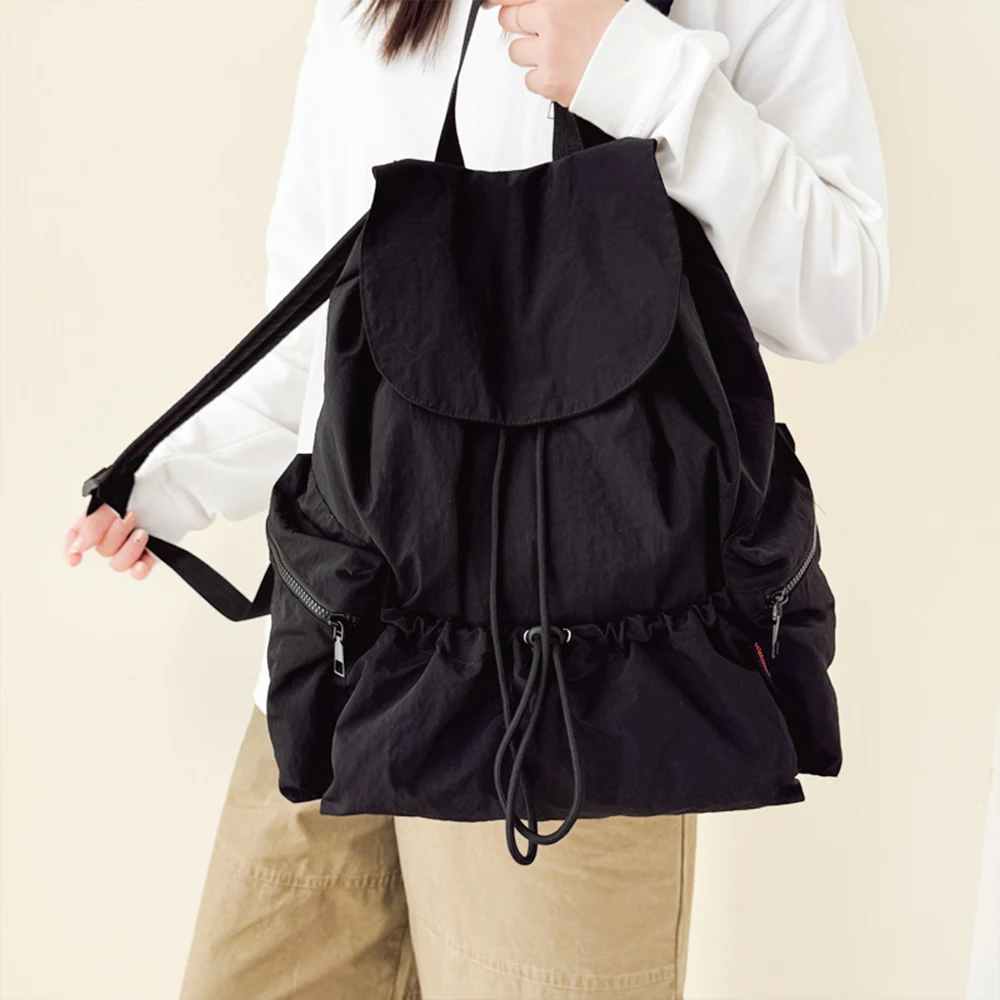 Drawstring Backpack Nylon Rucksack Ruched Design Large Capacity Lightweight Multi Pockets For Daily Travel Outdoor Walking view 6