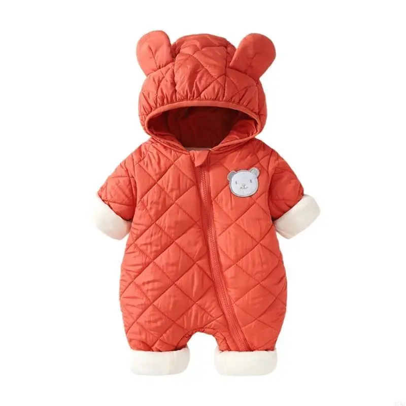 

97BE Comfortable Hooded Baby Romper Zippered Jumpsuit Cartoon Bear Thicken Warm Outwear Windproof for Infants Toddler