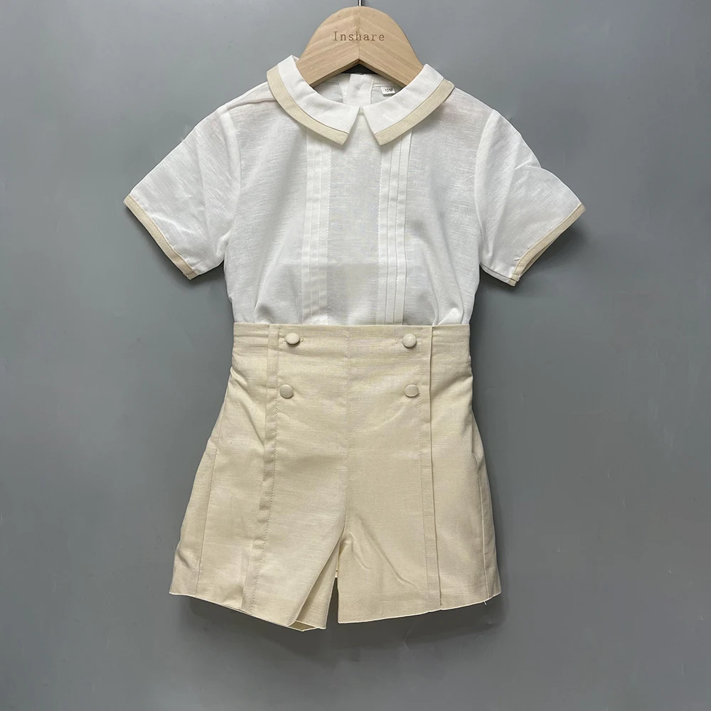 2Pcs Children Boutique Clothing Boy Spanish Set Cotton Linen Khaki Summer Short Sleeves Suit Toddler BABI Outfit Breathable