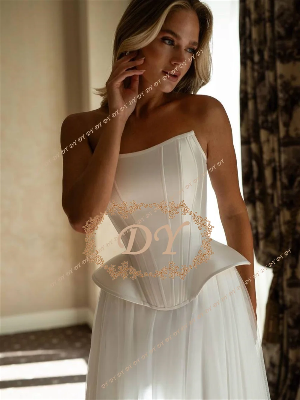 DY Elegant Customized Strapless Wedding Dress with Corset Bodice Peplum Detail and Flowy Tulle Skirt Romantic Bridal Gown