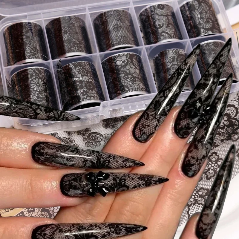 10Rolls Black White Lace Flower Transfer Nail Sticker Untra-Thin French Nails Sliders DIY Manicure Styling Decoration Accessory