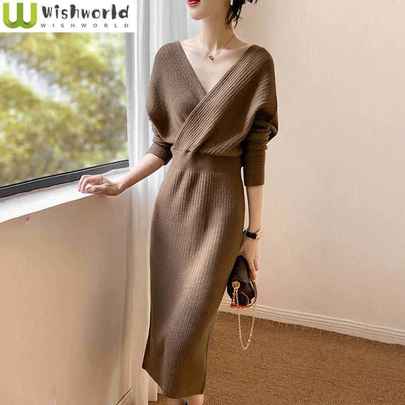 

Fashion Casual Woolen Dress 2023 Autumn/Winter New Korean V-neck Slim Knit Elegant Women's Age Reducing Dress