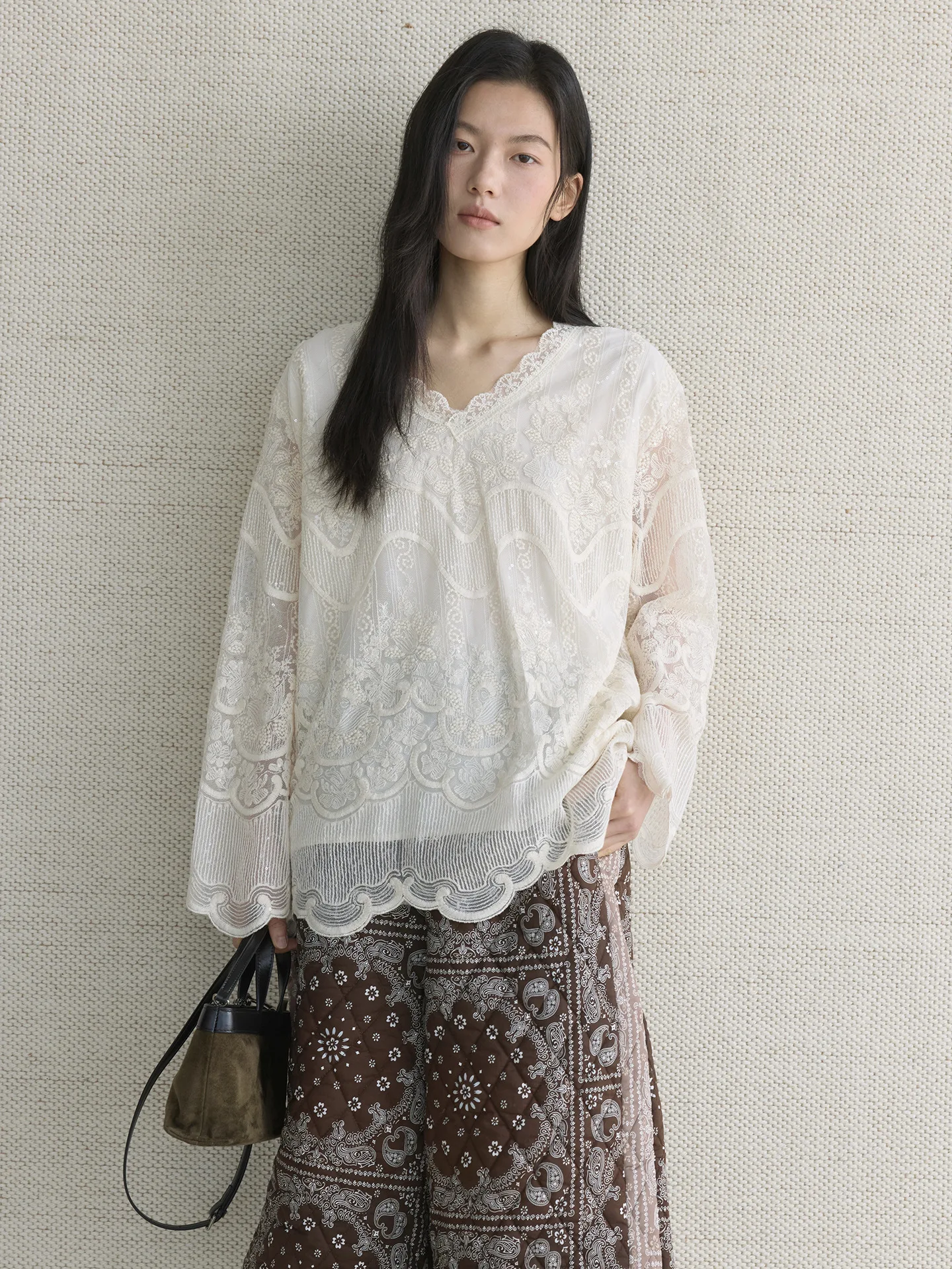 Early spring new style French style lace V-neck double-layer lined translucent shirt embroidered top for women