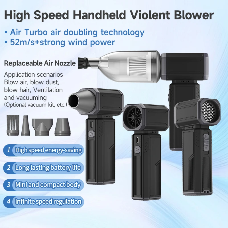 130000RPM Powerful Air Blower With 4 Extra Nozzle High Speed Handheld Turbo Jet Fan Dust Cleaner Wireless Electric Blower