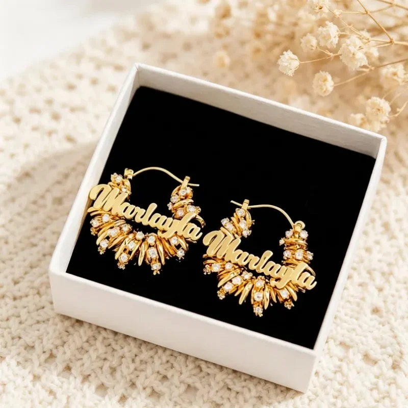Roro's Custom Name Wrap Earrings Tennis Chain Nameplate Chunky Earrings 30mm Stainless Steel Hoops For Women Jewelry Gift