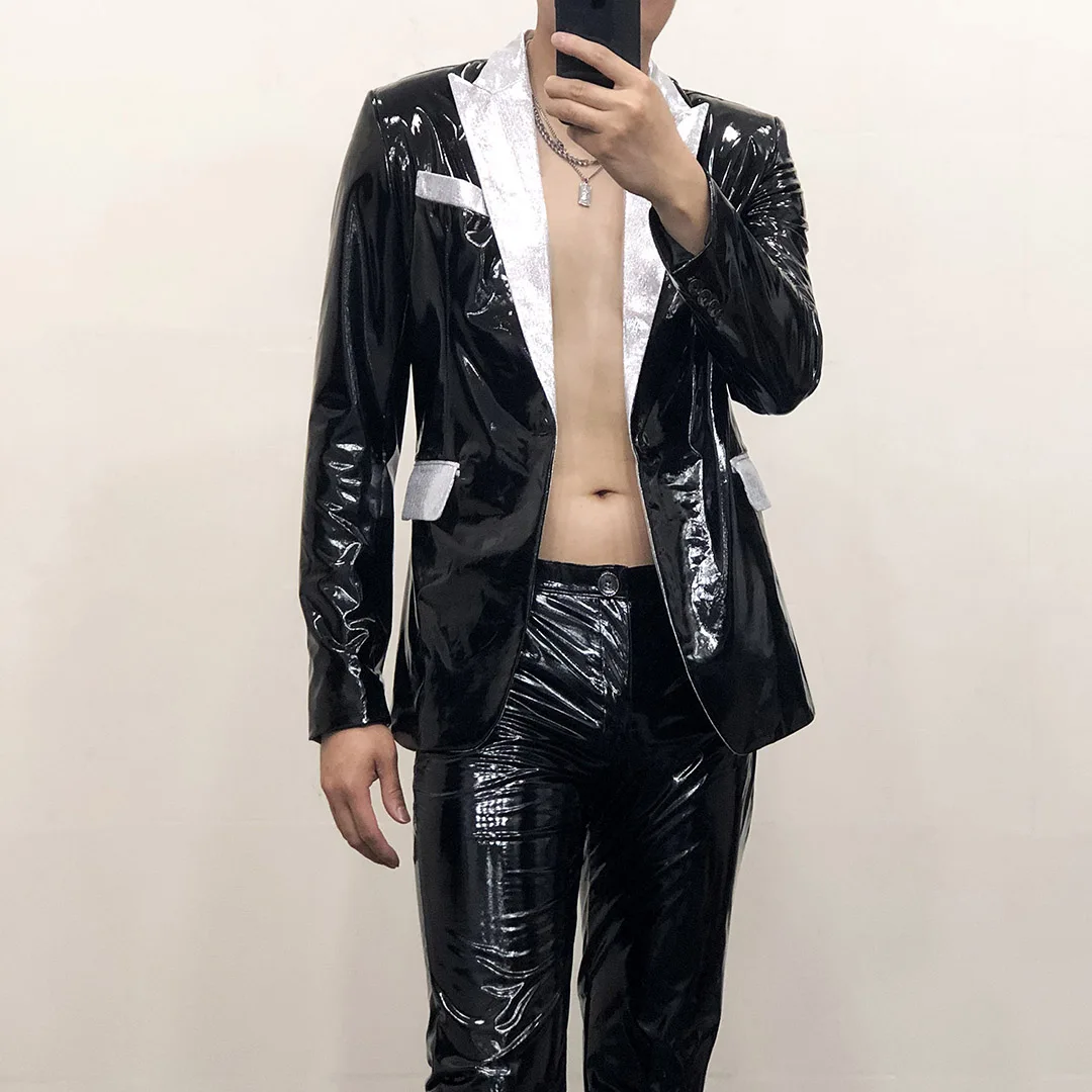 

Black Mirror Glossy Leather Silver Patchwork Collar Suit Nightclub Bar Male Singer Leading Dance Stage Performance Uniform