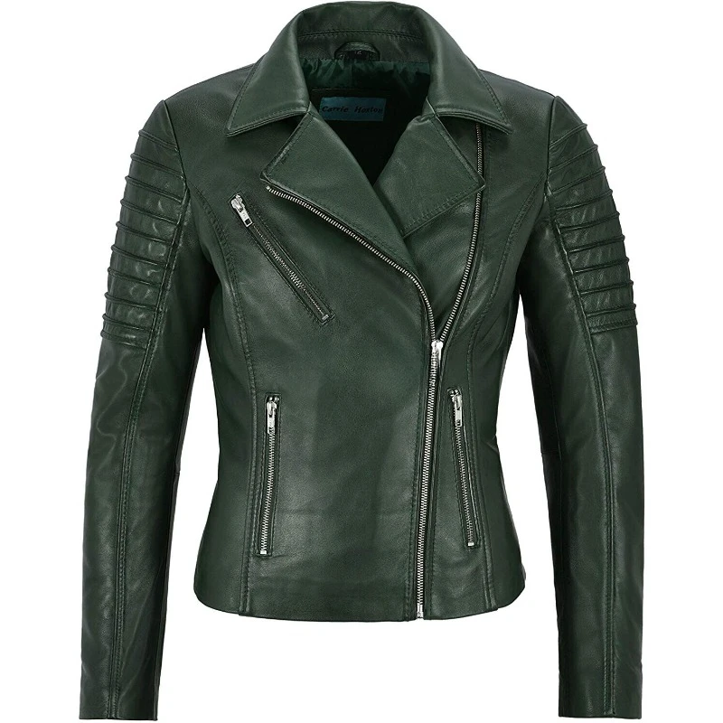 Women Handmade Genuine Sheepskin 100% Leather Jacket Green Motorcycle Coat