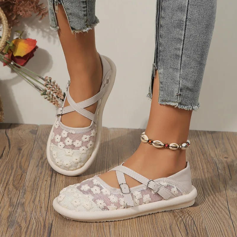 Mesh Basic Flats Round Toe Spring/autumn 2024 High Quality Ladies Shoes Slip-on Flower Concise Flats Sapatos Baixos Femininos