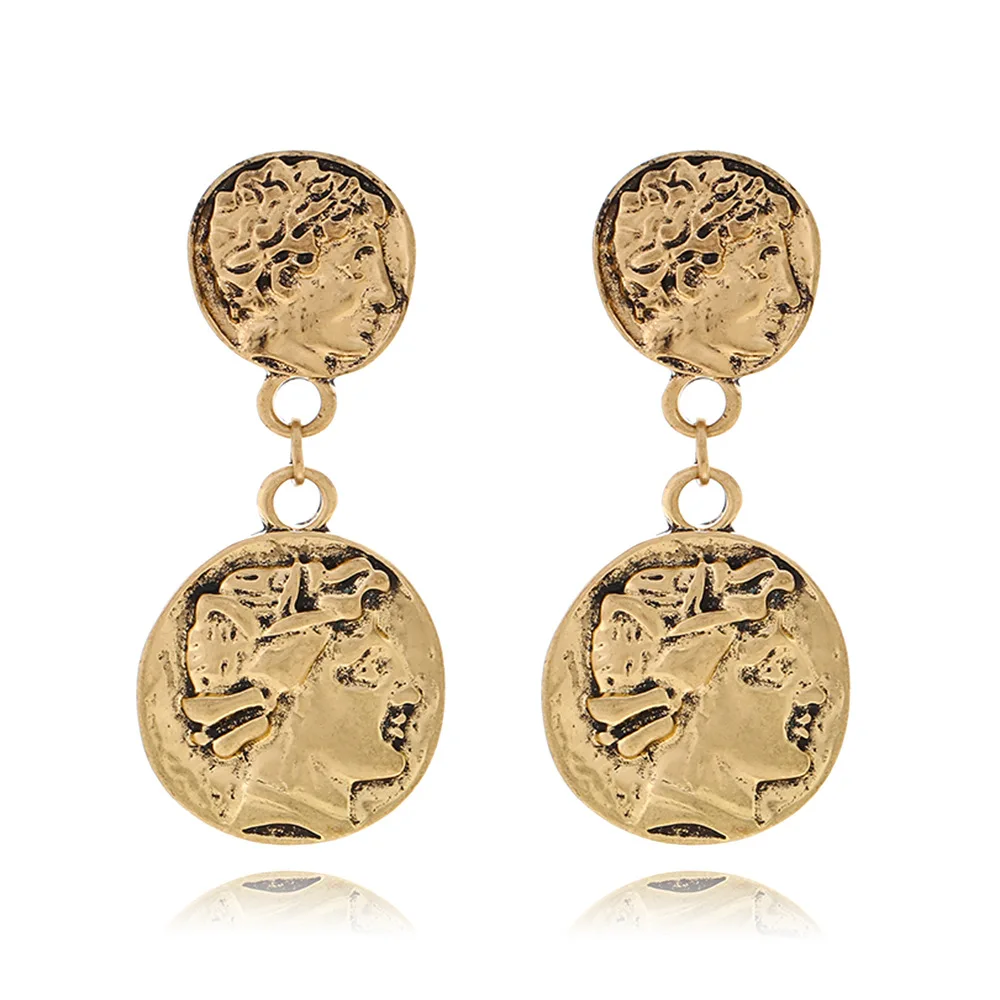 Wind simple and versatile round character avatar pendant earrings retro baroque alloy coin earrings