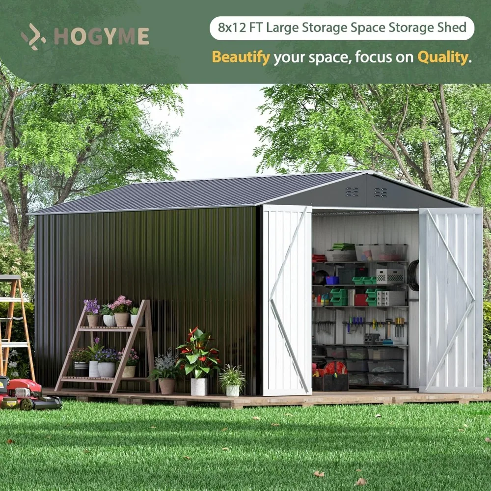 8 X 12 FT Outdoor Storage Shed, Large Metal Tool Sheds with Updated Frame Structure and Lockable Doors, Storage Shed