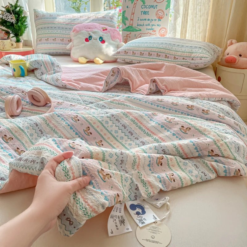 

Скандинавское летнее одеяло из стираного хлопка с эффектом сирсакер и наполнителем из соевого волокна, модный принт, плед-одеяло для кондиционированных помещений