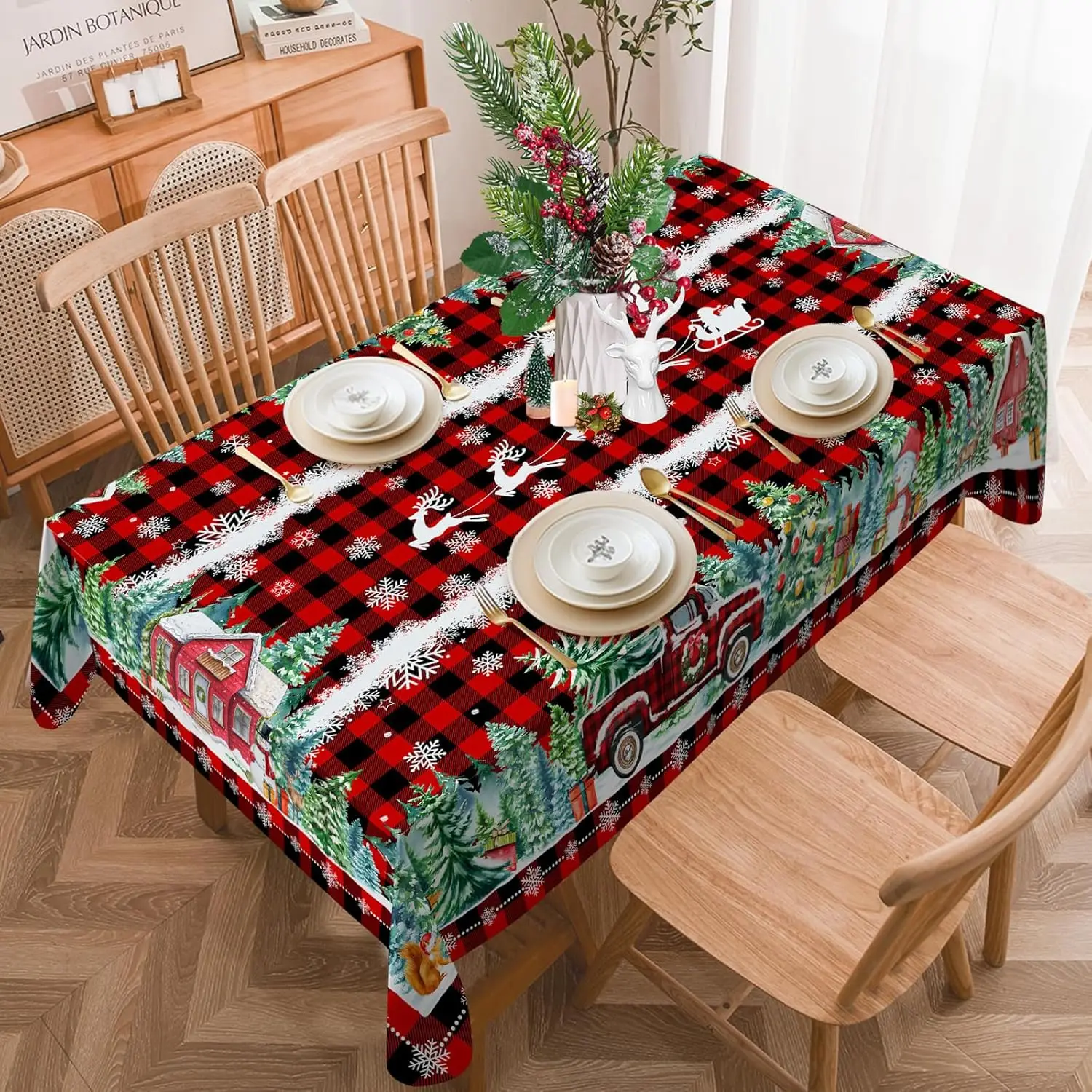 Christmas Red Truck Buffalo Plaid Rectangle Tablecloth Party Decor Winter Xmas Waterproof Tablecloth Christmas Decorations