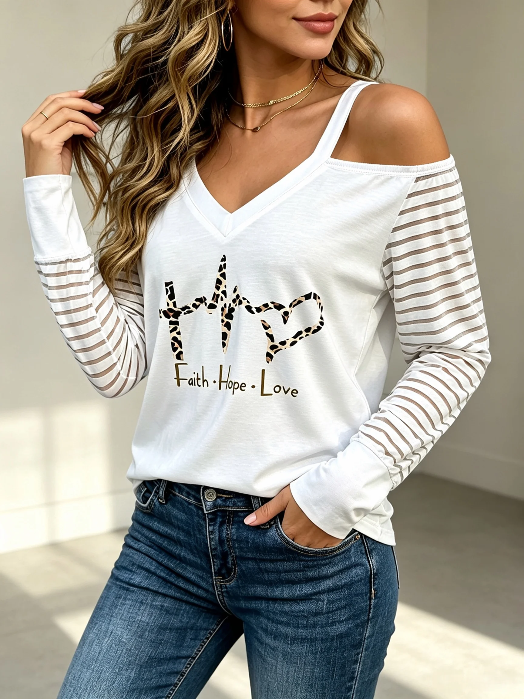 Fashion Cold‑Shoulder V‑Neck Long Sleeve Tee Women Leopard Faith Hope Love Print Mesh Stripe Splice Casual Daily Blouse Tops