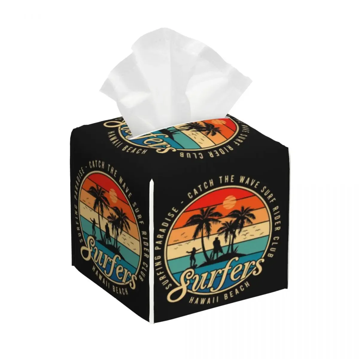 Custom Summer Beach Surfing Surfer Tissue Box Cover PU Leather Square Facial Tissue Box Holder for Bathroom Toilet