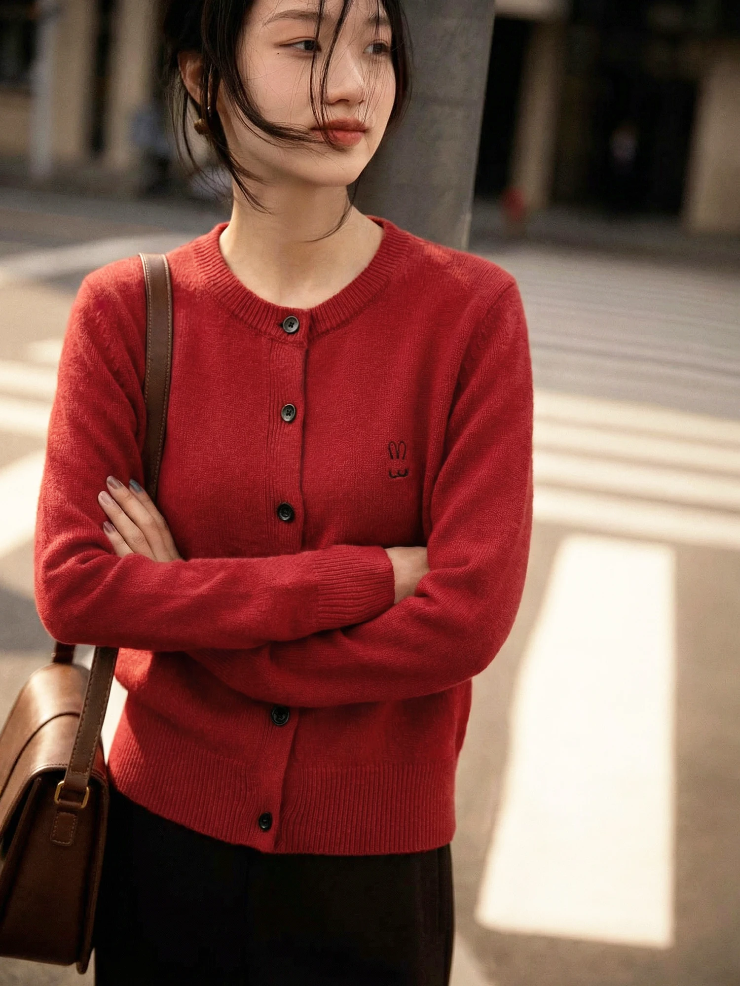 

Chivirin Vintage round Ne Knitted Woolen Cardigan Women's Spring Autumn Versatile Red Sweater Coat Warm Sli Casual