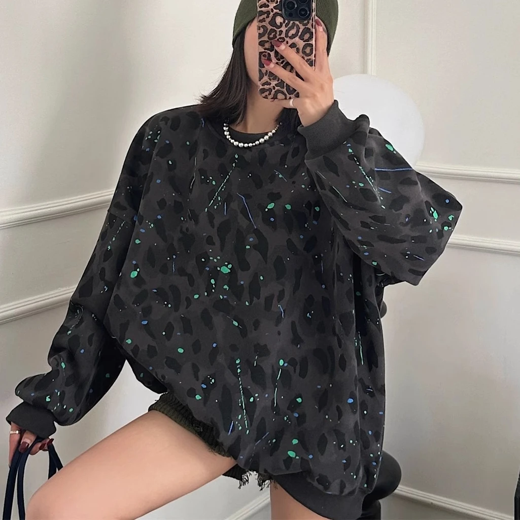 

Women Sweatshirts Tops Leopard Print Hoodies Oversize Long Sleeve Round Neck Slight Strech Thick Loose Office Casual 2026 Winter