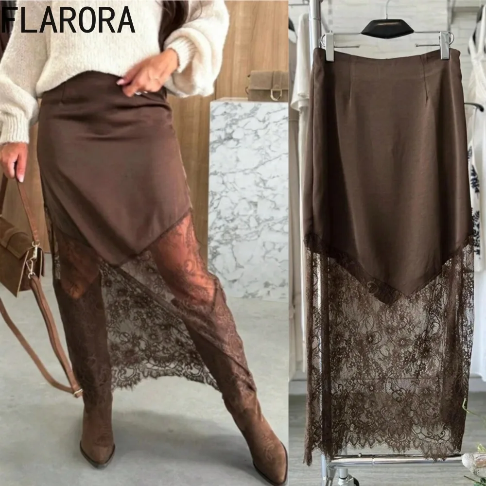 

FLARORA Sexy Lace Patchwork Long Skirt Woman Elegant Hipster Solid Loose Peach Hip Skirt Chic Lady Street Bottom 2026 Summer New