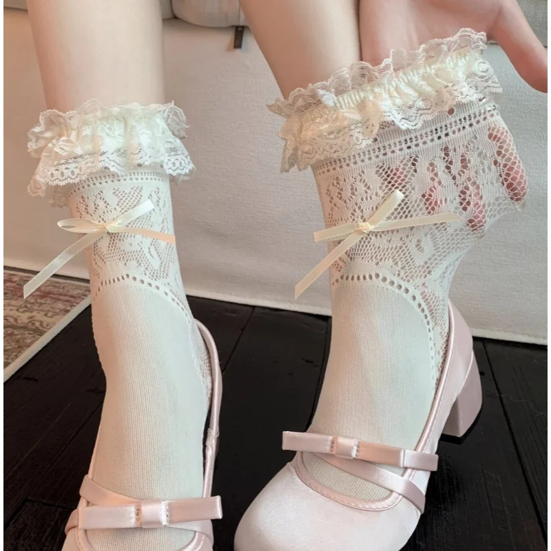 Image of 1 Paar Damen-Lolita-Spitzensocken, atmungsaktive kurze Socken mit Spitzendesign, japanisches Design.