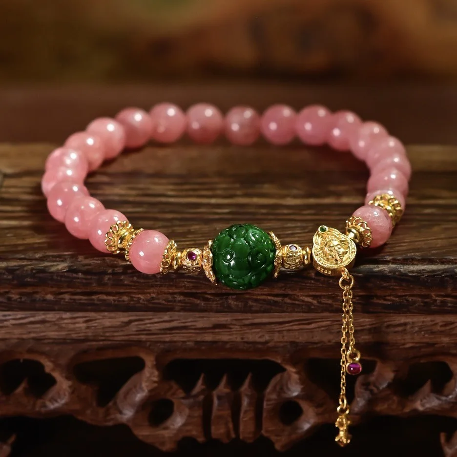 Natural Rhodochrosite Bracelet, A-Grade Dry Green Carved Jade Hydrangea, 925 Gold Plated Ganesha Fringe, Gemstone Jewelry Gift