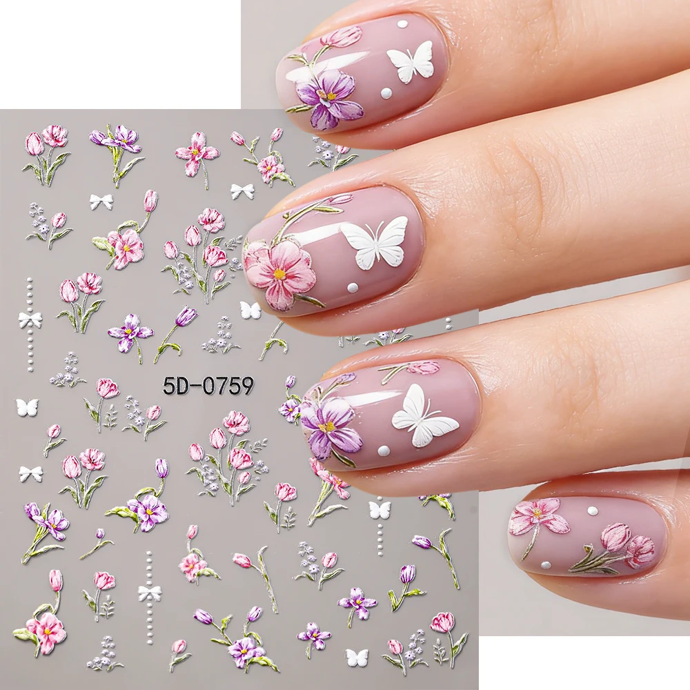 1Pc 5D Embossed Flower Nail Stickers Delicate Tulip Iris Che